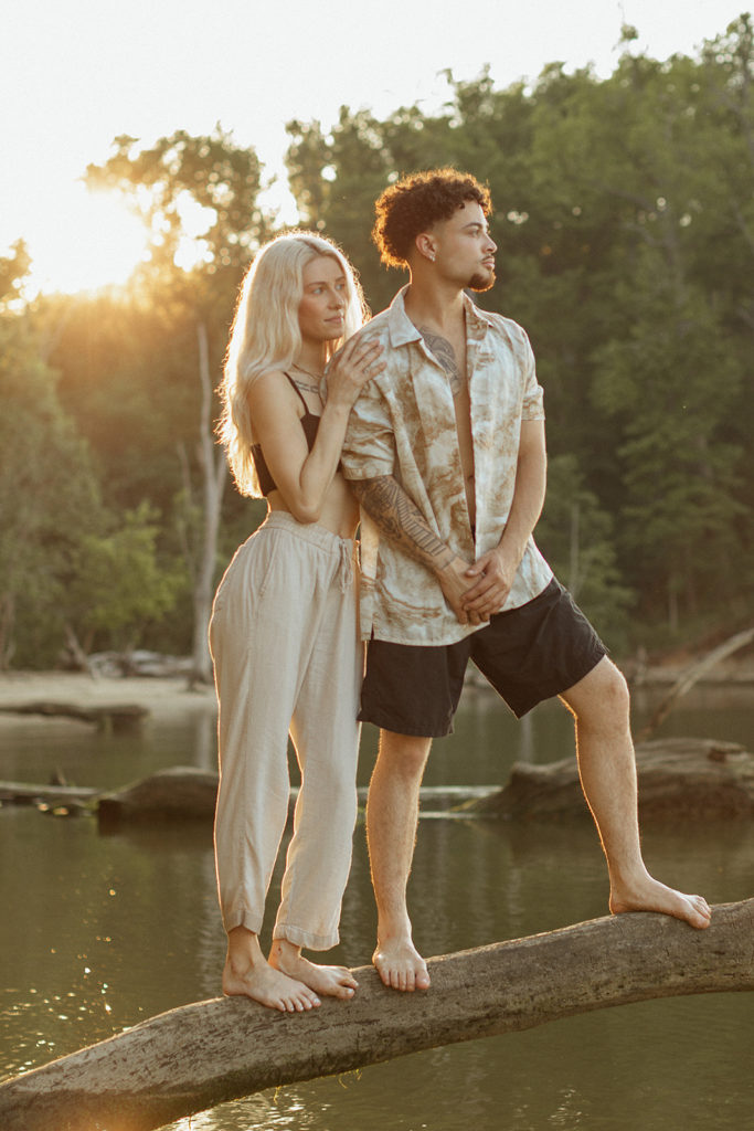 Charlottesville Wedding and Elopement Photographer | Standing on a broken tree limb over the water at Westmoreland State park